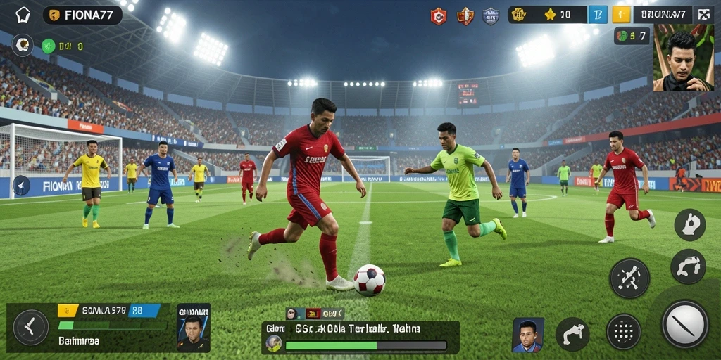 Tangkapan layar utama FIONA77 menampilkan aksi seru dalam permainan sepak bola.