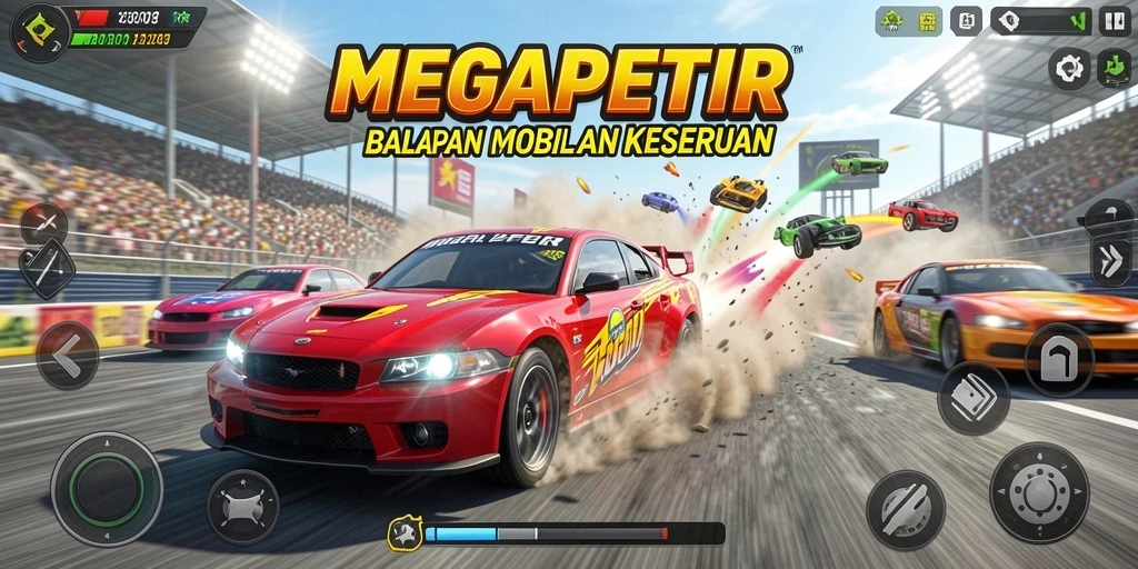 Tangkapan layar gameplay MEGAPETIR menampilkan aksi balapan seru.