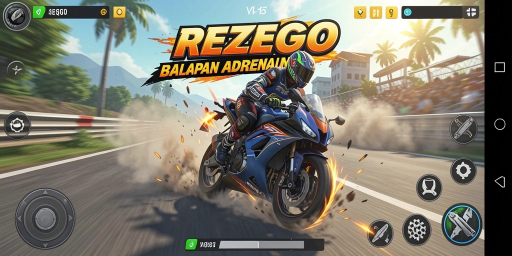 Tangkapan layar menampilkan aksi balapan motor yang mendebarkan.
