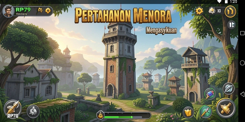 Tangkapan layar gameplay RP79 yang menunjukkan menara bertahan melawan musuh.